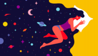 Artistic rendering of female sleeping with outer space in her hair