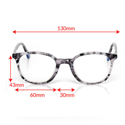 TrueDark Daylights Gray Tortoiseshell Pro Glasses Front View with Measurements