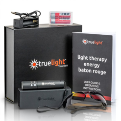 TrueLight Baton Rouge light with case, box, charger, batteries, and glasses manual, and