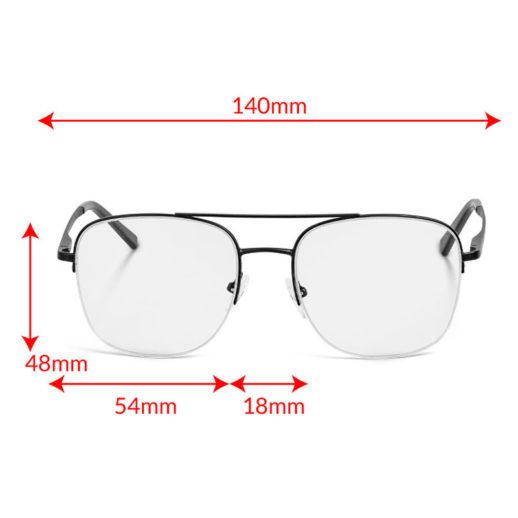 TrueDark Prescription Aviator Glasses Clear Lens Front View with Measurements