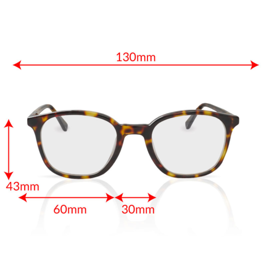 TrueDark Dark Tortoiseshell Pro Glasses Front View with Measurement