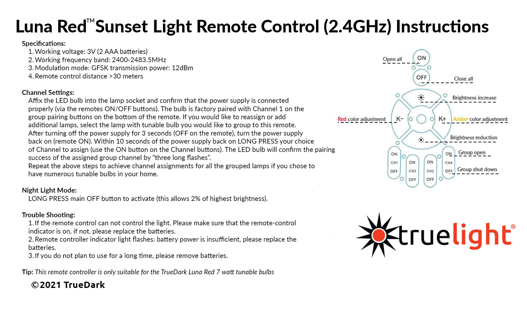 TrueLight Luna Red Sunset Light Remote Instructions