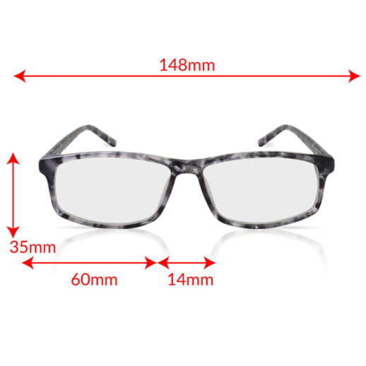 TrueDark Daylights Grey Tortoiseshell Vista Glasses Front View with Measurements