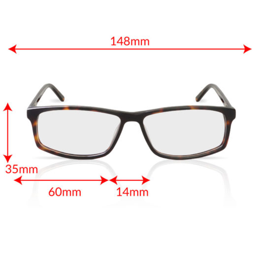 TrueDark Prescription Vista Dark Tortoiseshell Glasses Front Measurements