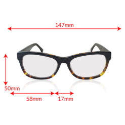 TrueDark Prescription Dawning Black + Dark tortoiseshell clear lensed glasses with front view measurements