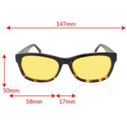TrueDark Daylight Black + Dark Dawning tortoiseshell yellow lensed glasses front view with measurements