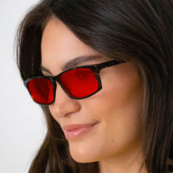 Woman wearing TrueDark® Twilights Dark Tortoiseshell Vista glasses