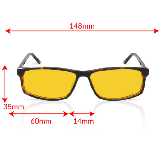 TrueDark® Daylights Amber Dark Tortoiseshell Vista glasses front view with measurements