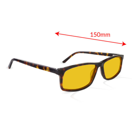 TrueDark® Daylights Amber Dark Tortoiseshell Vista glasses side view with measurements