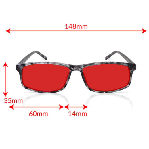 TrueDark® Twilights Grey Tortoiseshell Vista glasses front view with measurements